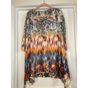 One World 1X Top Women Multicolor Beaded Long Sleeve Asymmetrical‎ Boho Flowy